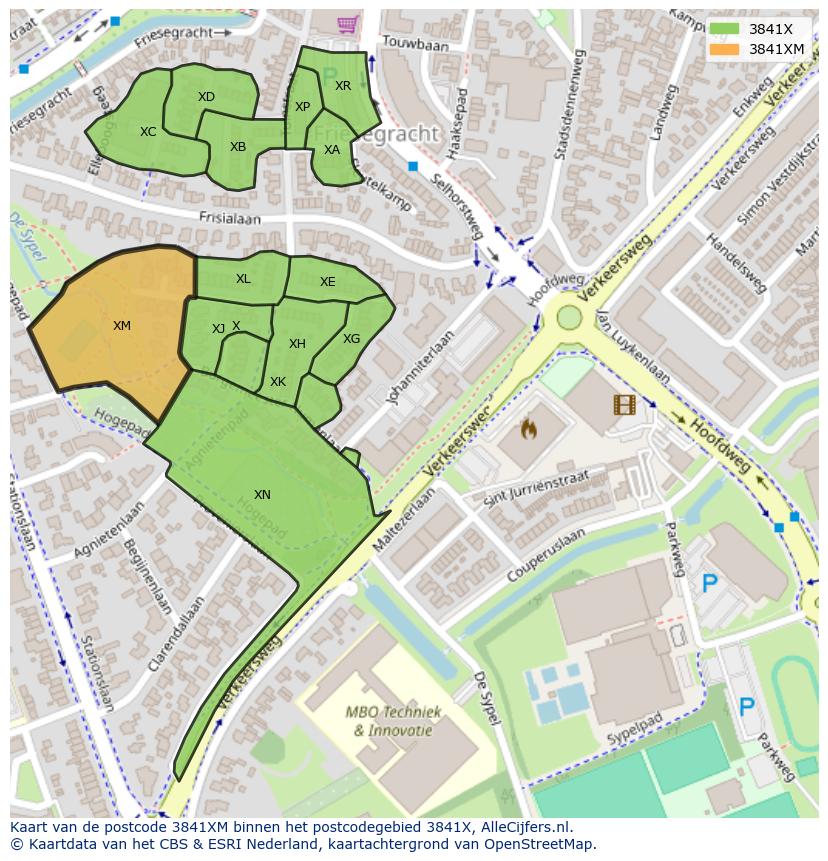 Afbeelding van het postcodegebied 3841 XM op de kaart.