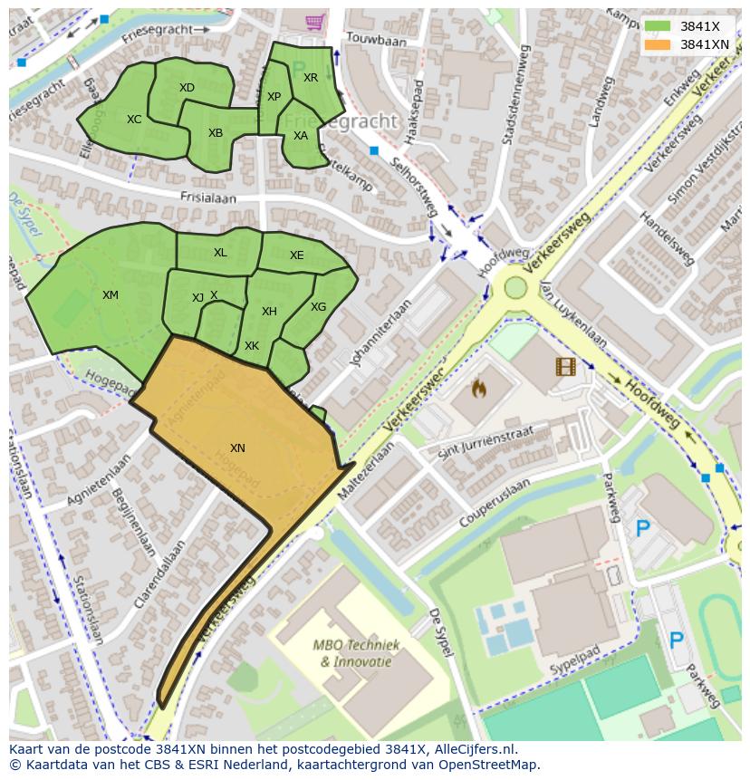 Afbeelding van het postcodegebied 3841 XN op de kaart.