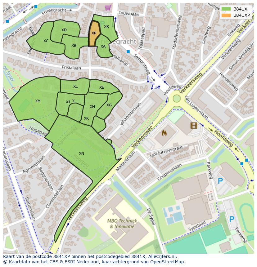 Afbeelding van het postcodegebied 3841 XP op de kaart.