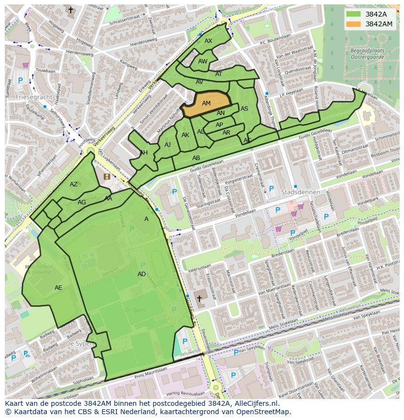 Afbeelding van het postcodegebied 3842 AM op de kaart.