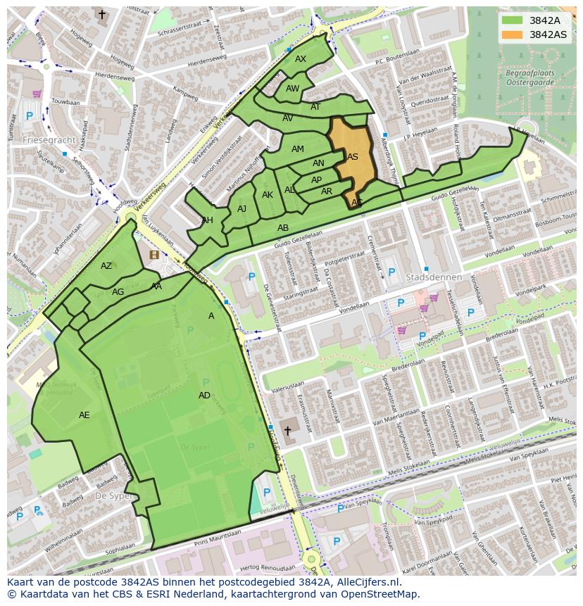 Afbeelding van het postcodegebied 3842 AS op de kaart.