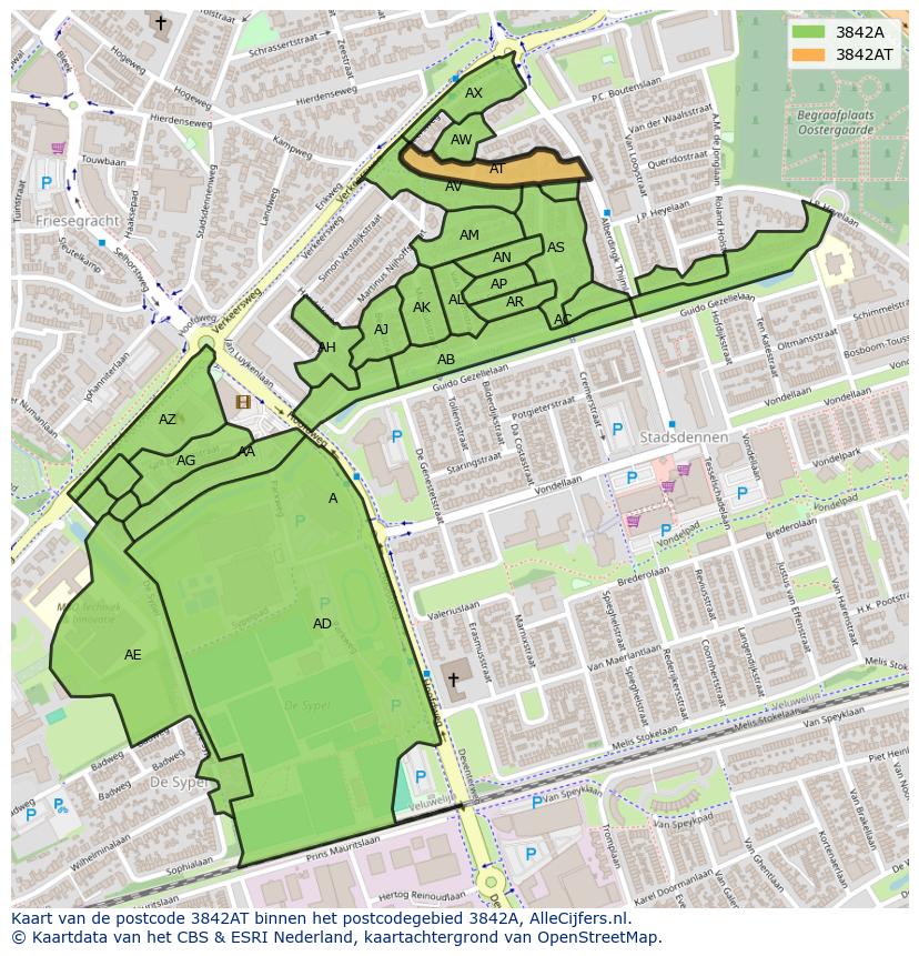 Afbeelding van het postcodegebied 3842 AT op de kaart.