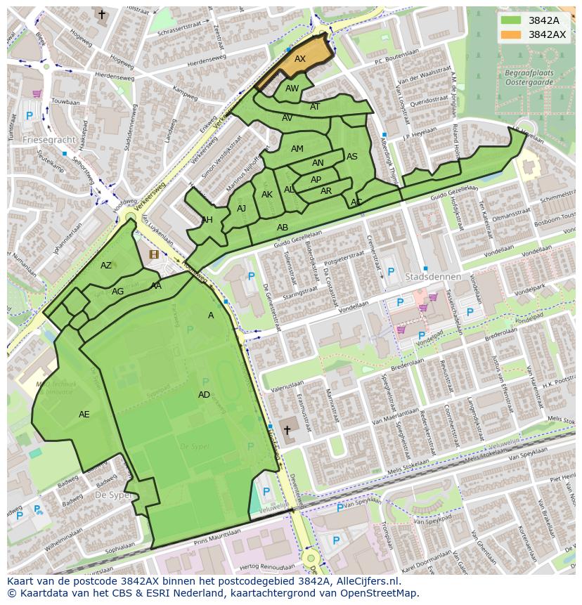 Afbeelding van het postcodegebied 3842 AX op de kaart.