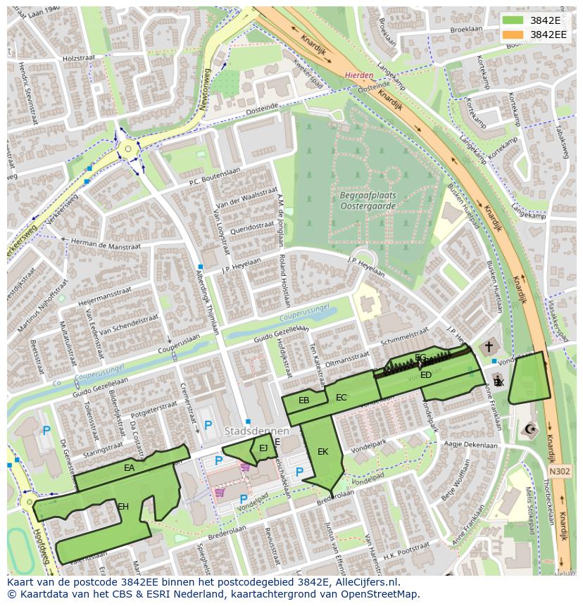 Afbeelding van het postcodegebied 3842 EE op de kaart.