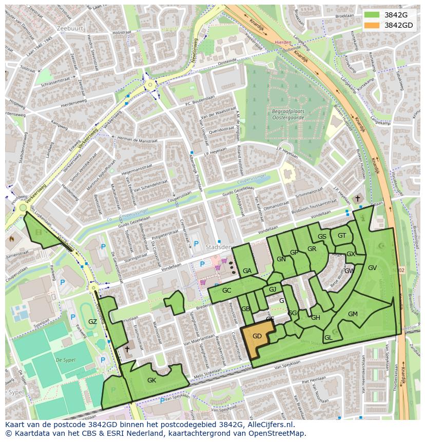 Afbeelding van het postcodegebied 3842 GD op de kaart.