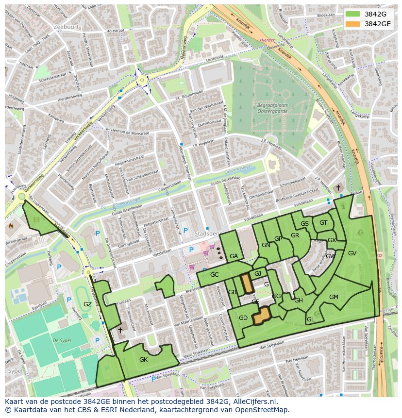 Afbeelding van het postcodegebied 3842 GE op de kaart.
