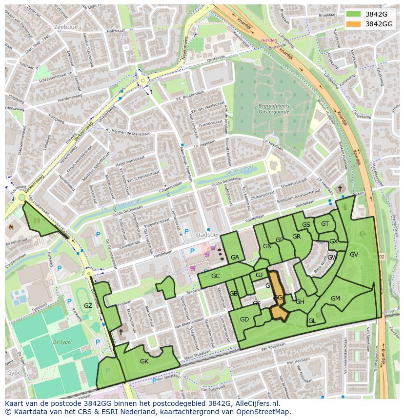 Afbeelding van het postcodegebied 3842 GG op de kaart.