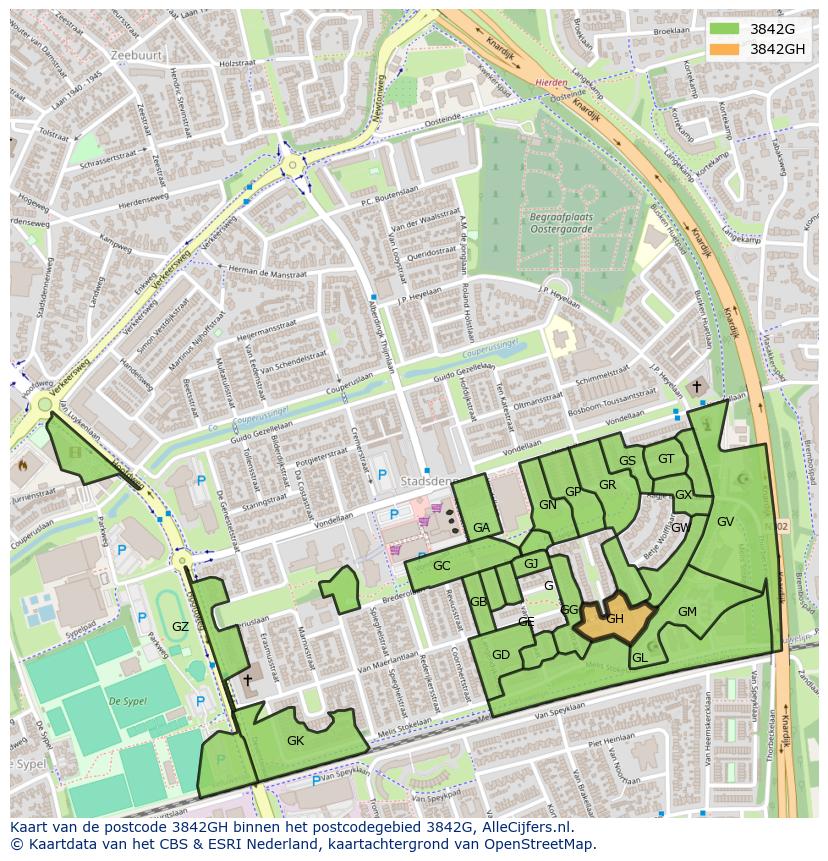 Afbeelding van het postcodegebied 3842 GH op de kaart.