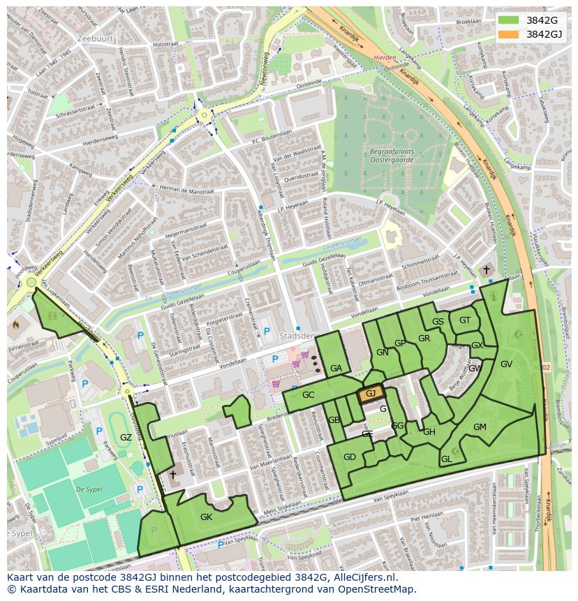 Afbeelding van het postcodegebied 3842 GJ op de kaart.