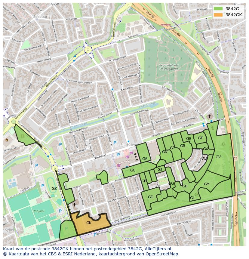 Afbeelding van het postcodegebied 3842 GK op de kaart.