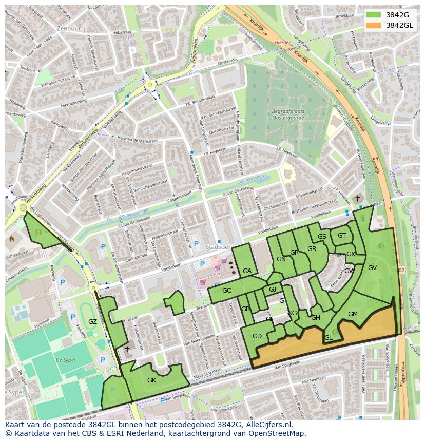 Afbeelding van het postcodegebied 3842 GL op de kaart.