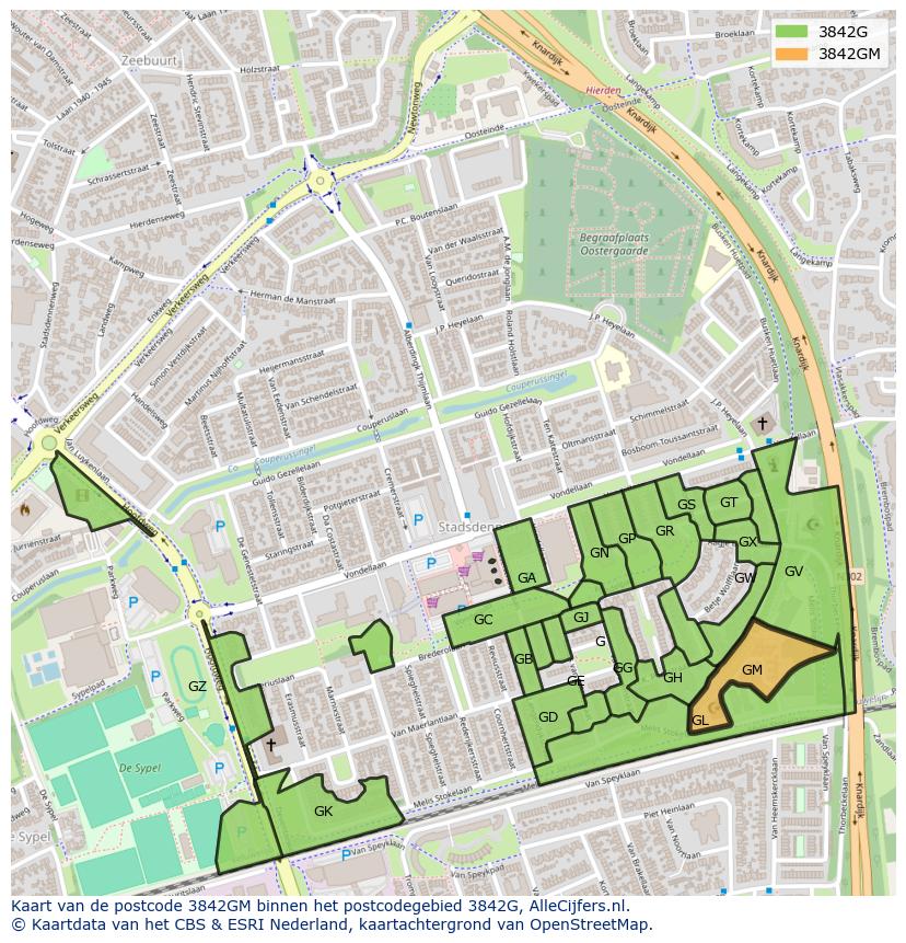 Afbeelding van het postcodegebied 3842 GM op de kaart.