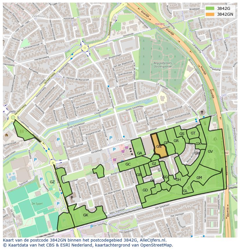 Afbeelding van het postcodegebied 3842 GN op de kaart.