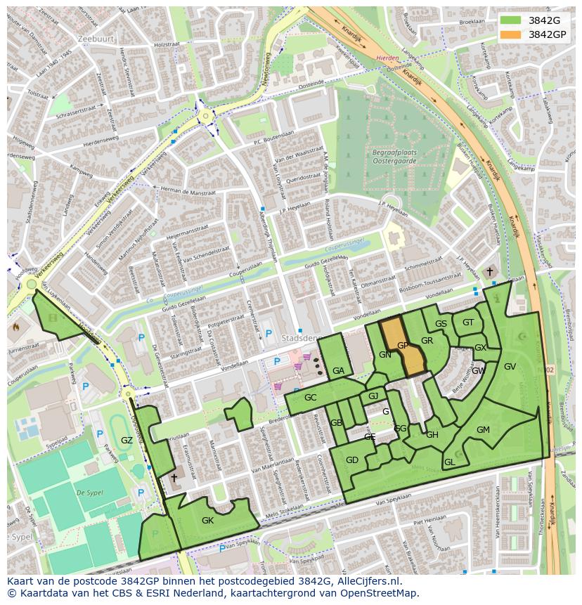 Afbeelding van het postcodegebied 3842 GP op de kaart.