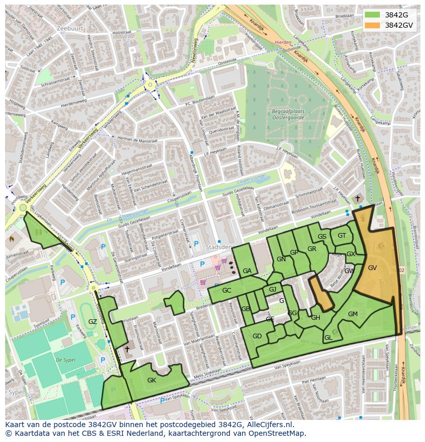 Afbeelding van het postcodegebied 3842 GV op de kaart.