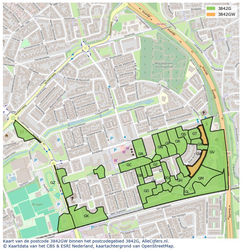 Afbeelding van het postcodegebied 3842 GW op de kaart.