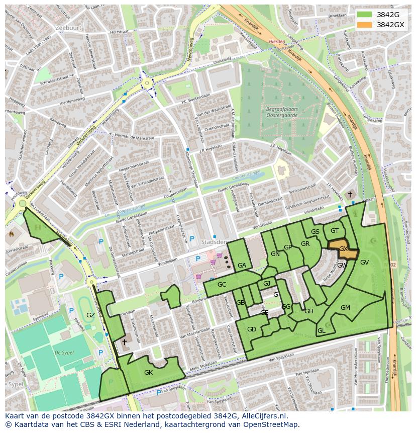 Afbeelding van het postcodegebied 3842 GX op de kaart.