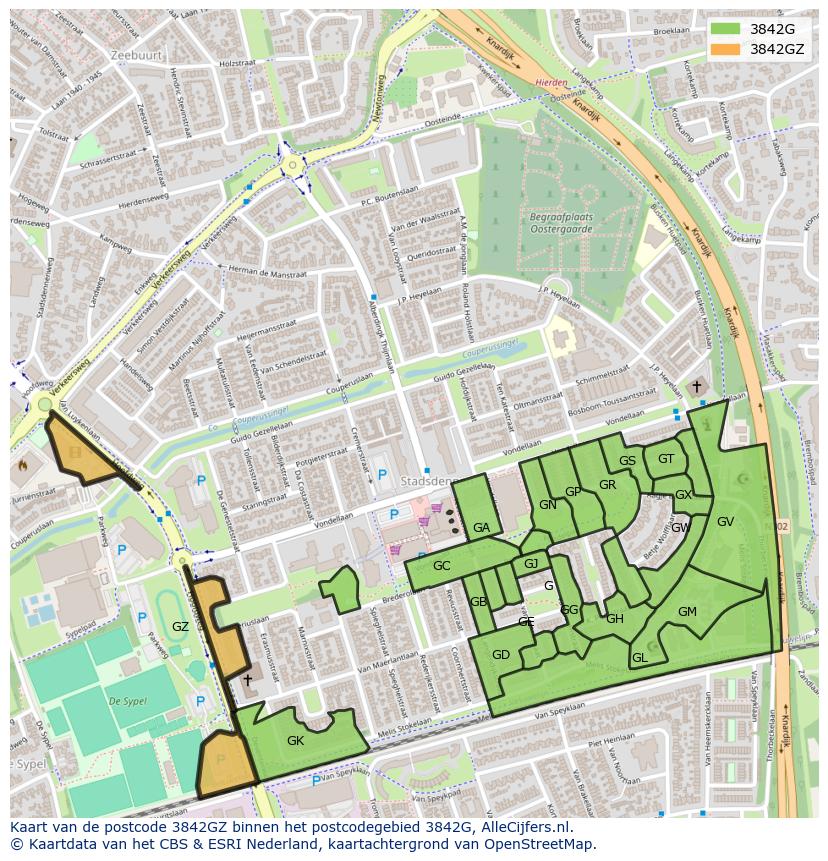 Afbeelding van het postcodegebied 3842 GZ op de kaart.