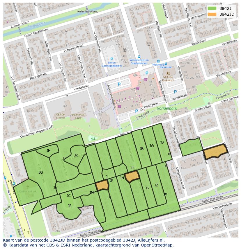 Afbeelding van het postcodegebied 3842 JD op de kaart.