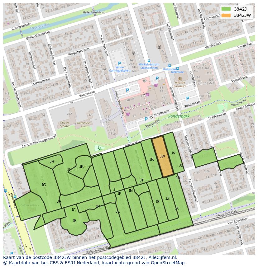Afbeelding van het postcodegebied 3842 JW op de kaart.