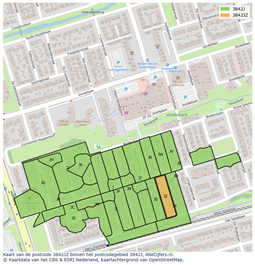 Afbeelding van het postcodegebied 3842 JZ op de kaart.