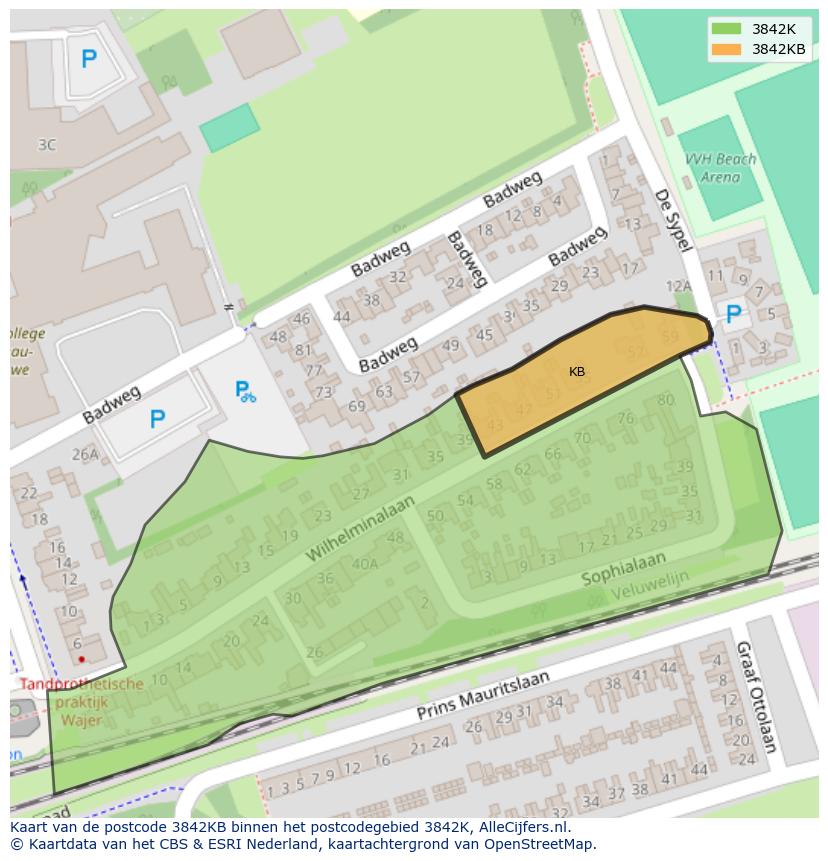 Afbeelding van het postcodegebied 3842 KB op de kaart.