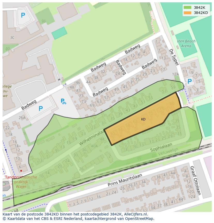 Afbeelding van het postcodegebied 3842 KD op de kaart.