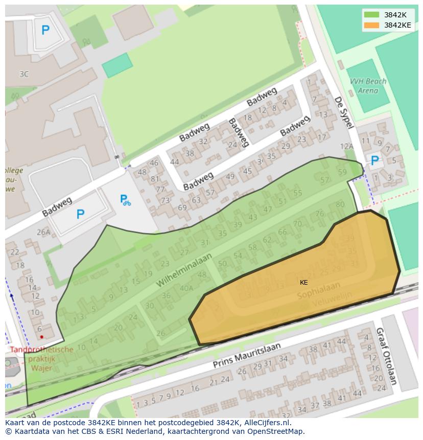 Afbeelding van het postcodegebied 3842 KE op de kaart.