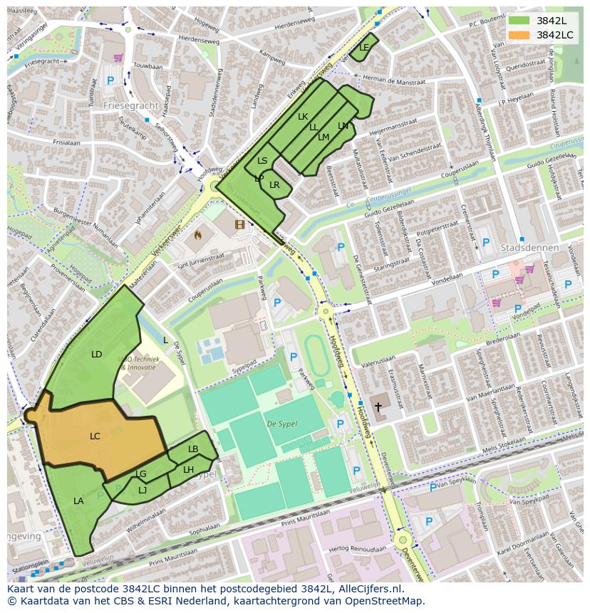 Afbeelding van het postcodegebied 3842 LC op de kaart.