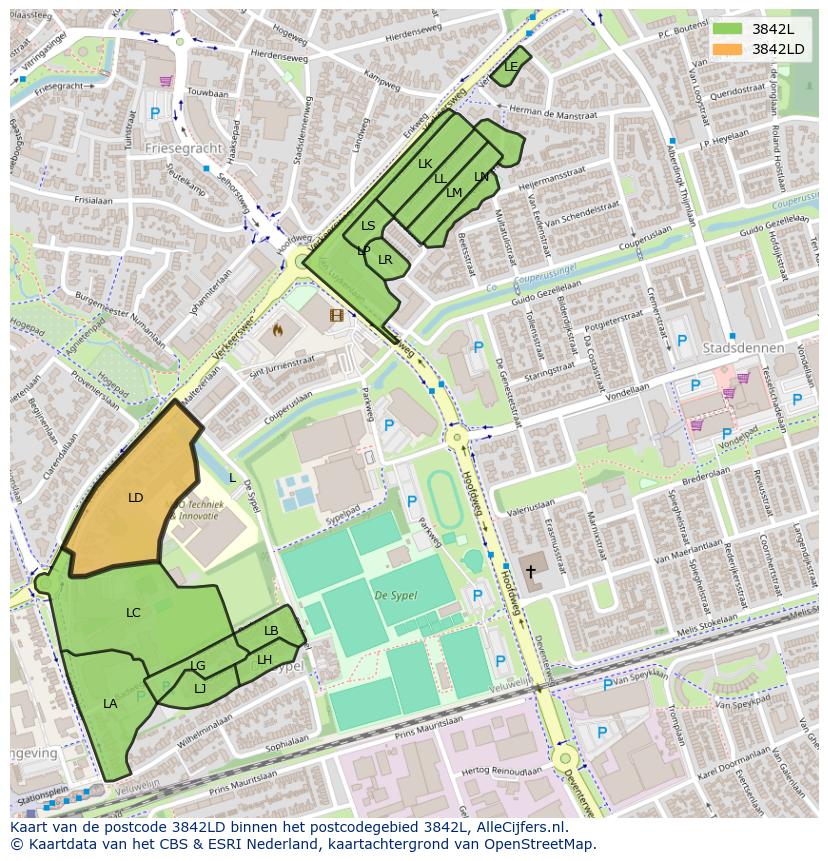 Afbeelding van het postcodegebied 3842 LD op de kaart.