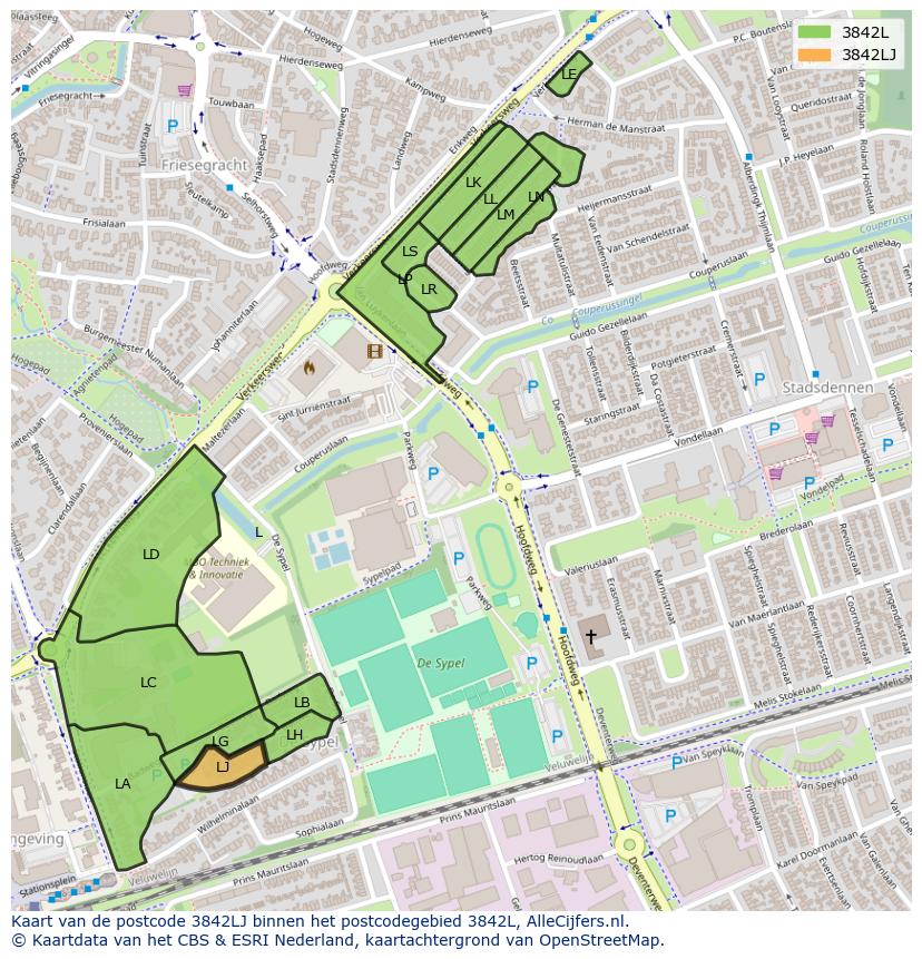Afbeelding van het postcodegebied 3842 LJ op de kaart.