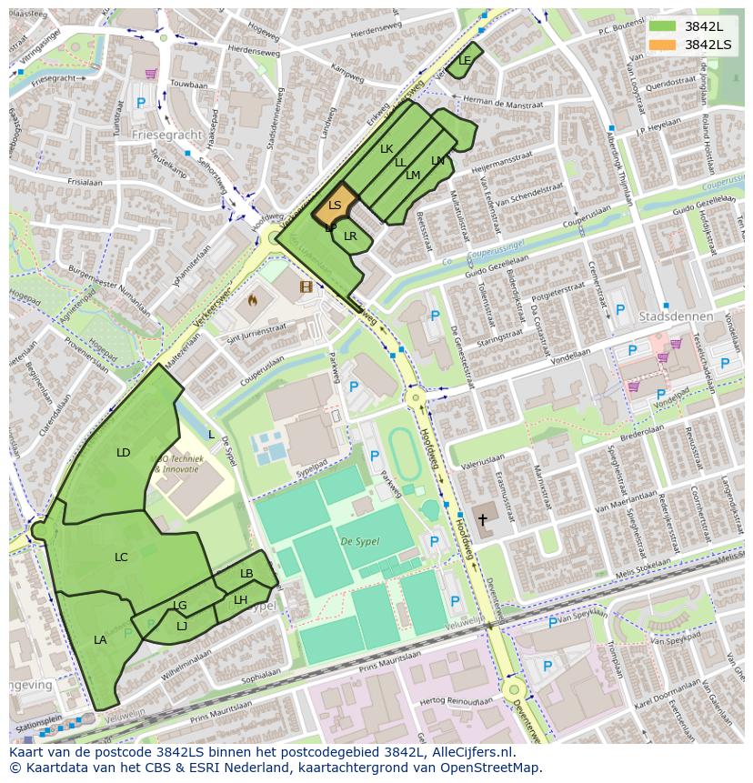 Afbeelding van het postcodegebied 3842 LS op de kaart.
