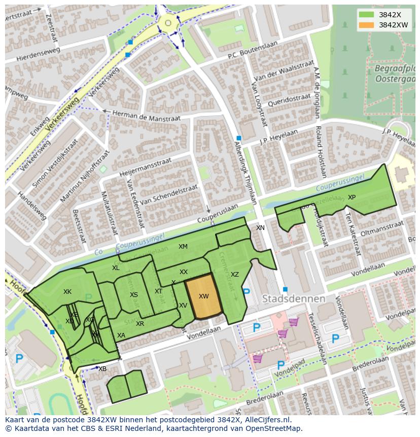 Afbeelding van het postcodegebied 3842 XW op de kaart.