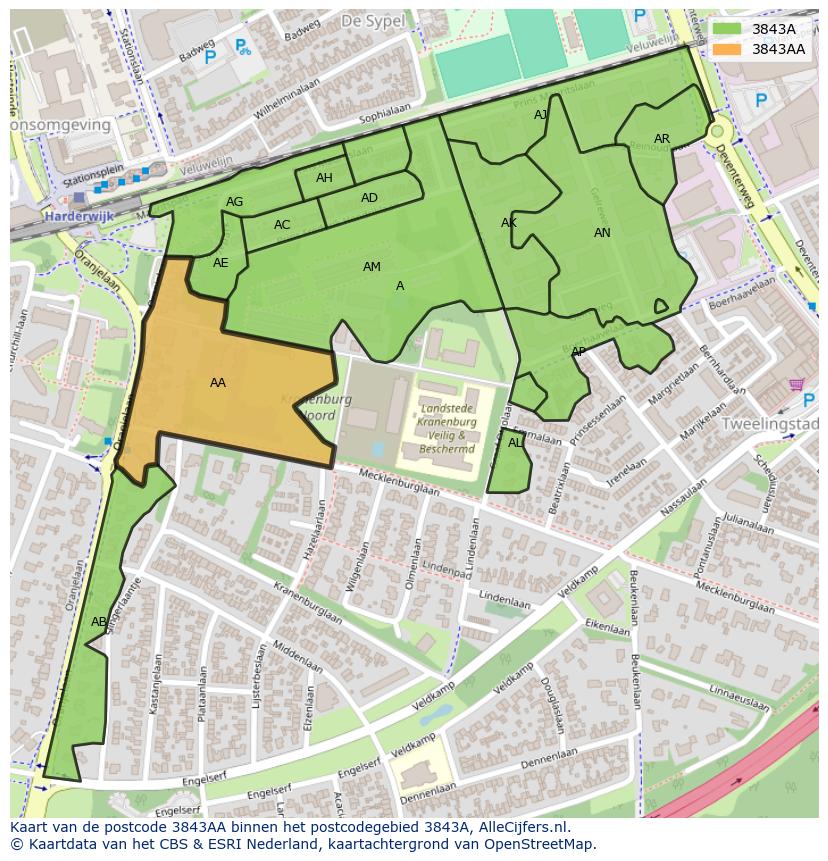 Afbeelding van het postcodegebied 3843 AA op de kaart.