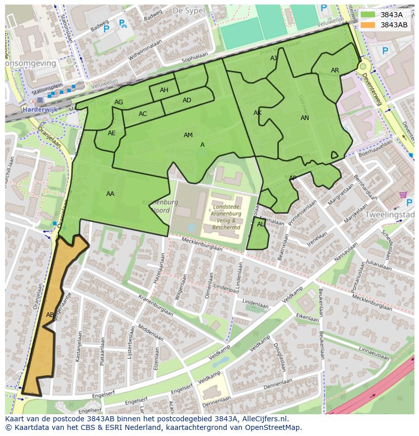 Afbeelding van het postcodegebied 3843 AB op de kaart.