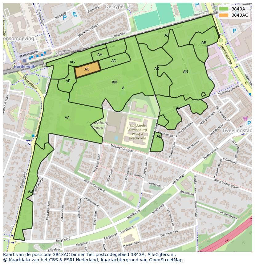 Afbeelding van het postcodegebied 3843 AC op de kaart.