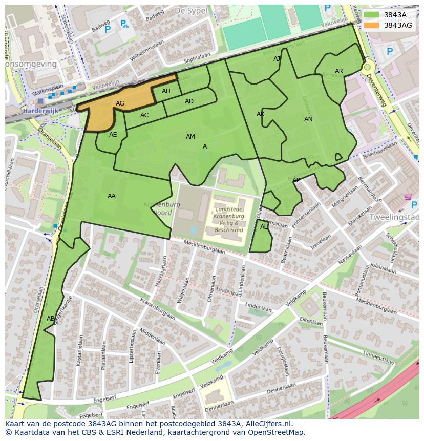 Afbeelding van het postcodegebied 3843 AG op de kaart.