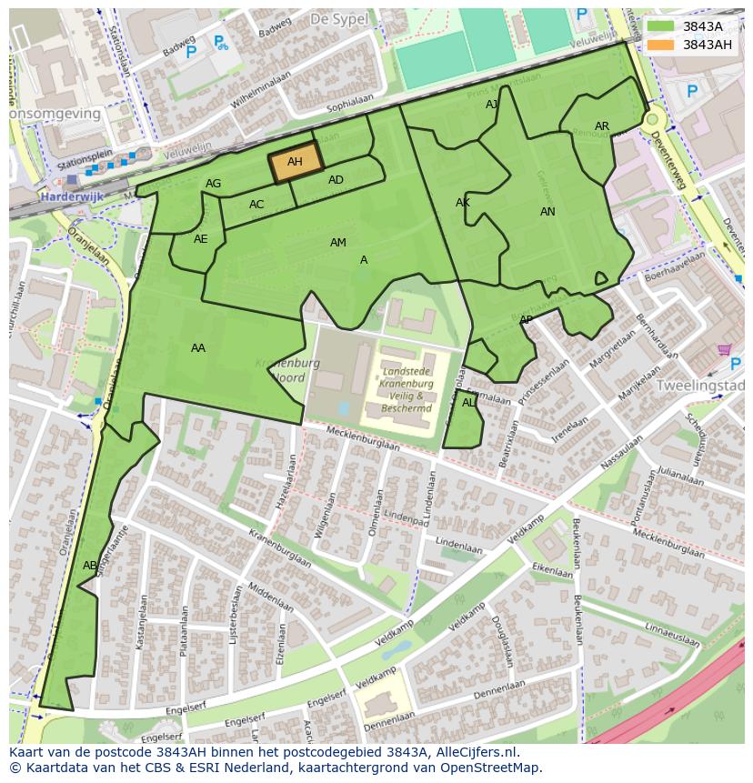 Afbeelding van het postcodegebied 3843 AH op de kaart.