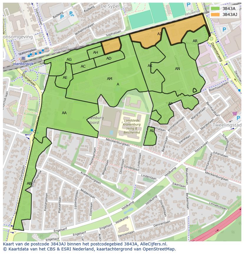 Afbeelding van het postcodegebied 3843 AJ op de kaart.