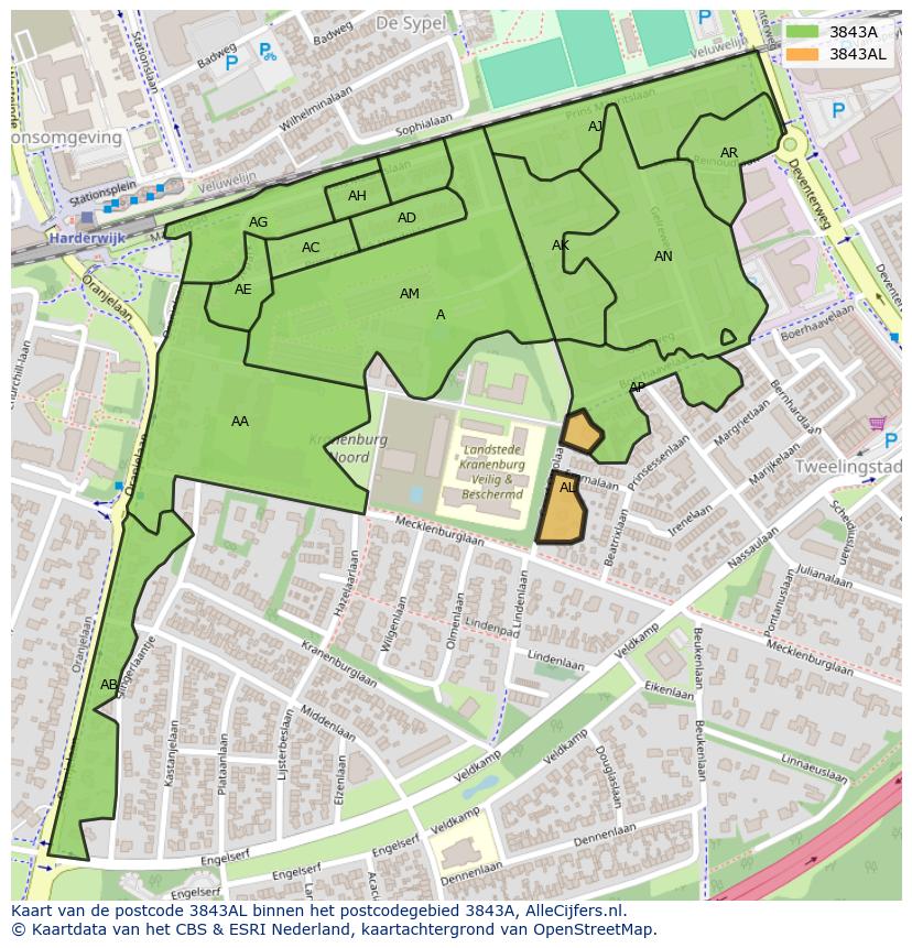 Afbeelding van het postcodegebied 3843 AL op de kaart.