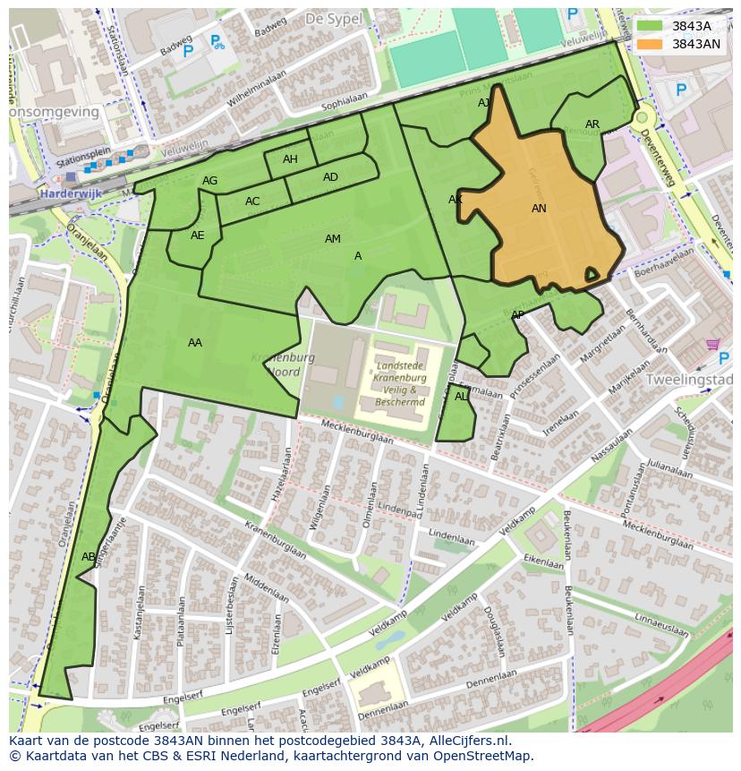 Afbeelding van het postcodegebied 3843 AN op de kaart.