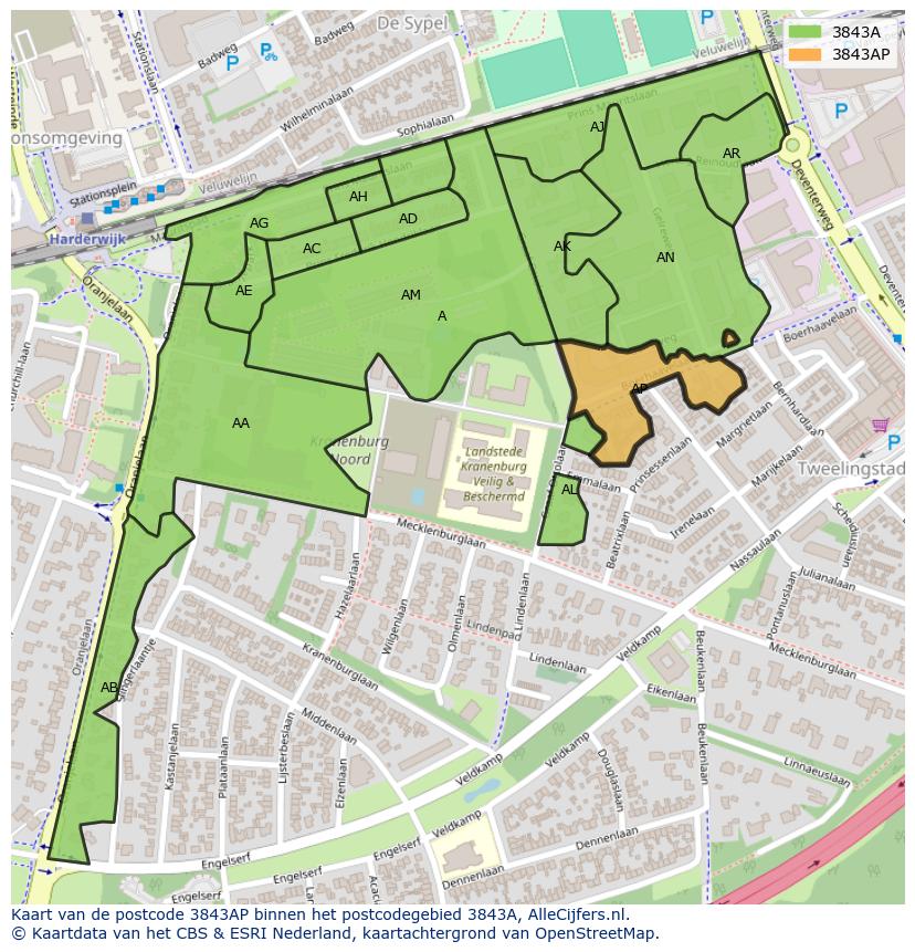 Afbeelding van het postcodegebied 3843 AP op de kaart.