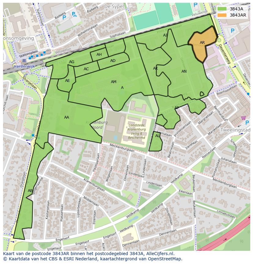 Afbeelding van het postcodegebied 3843 AR op de kaart.