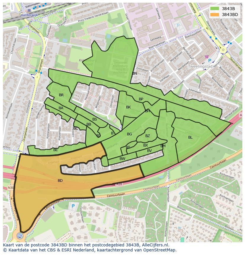 Afbeelding van het postcodegebied 3843 BD op de kaart.