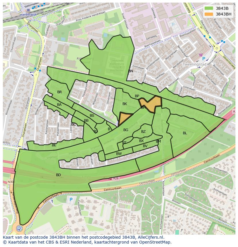 Afbeelding van het postcodegebied 3843 BH op de kaart.