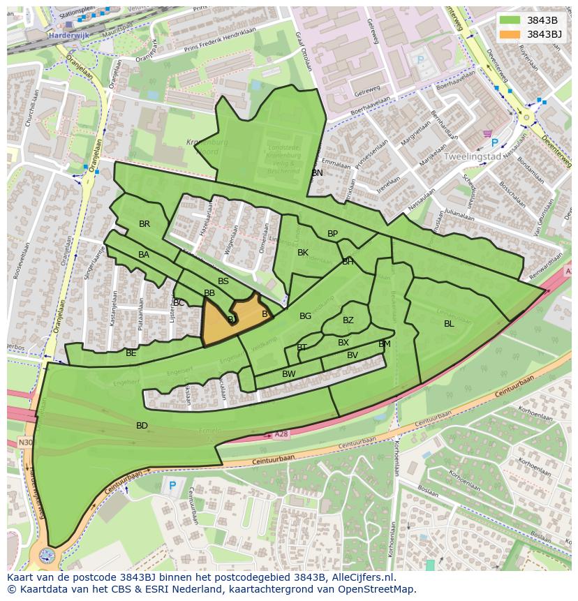 Afbeelding van het postcodegebied 3843 BJ op de kaart.