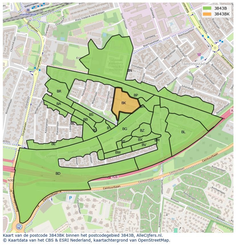 Afbeelding van het postcodegebied 3843 BK op de kaart.