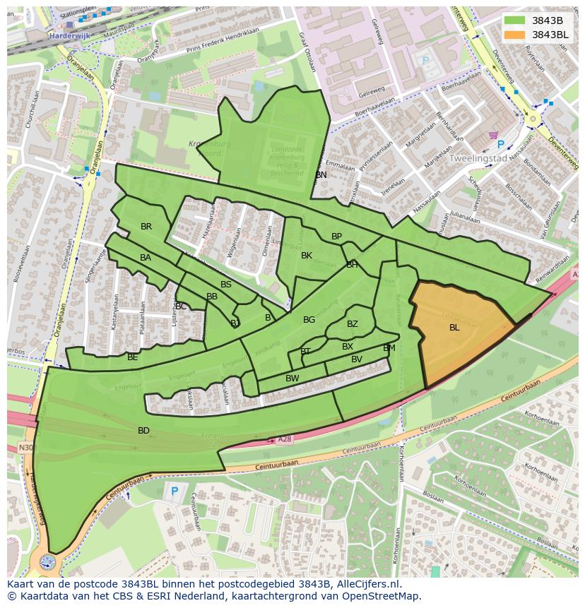 Afbeelding van het postcodegebied 3843 BL op de kaart.