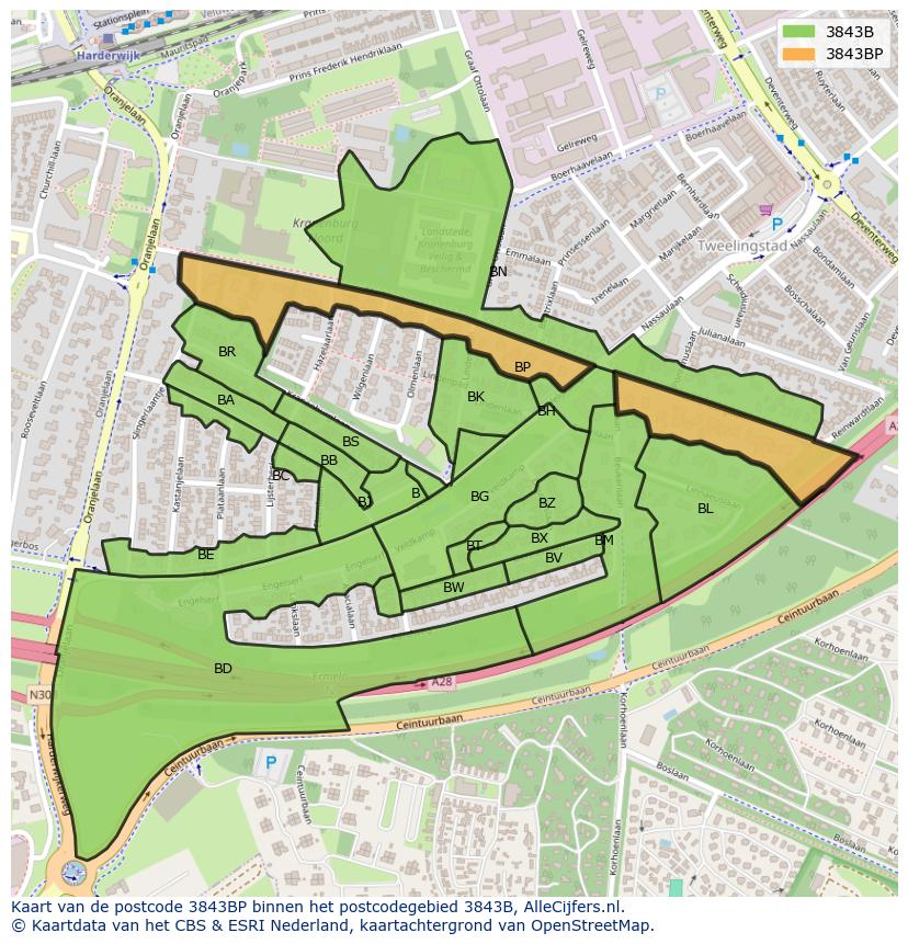 Afbeelding van het postcodegebied 3843 BP op de kaart.