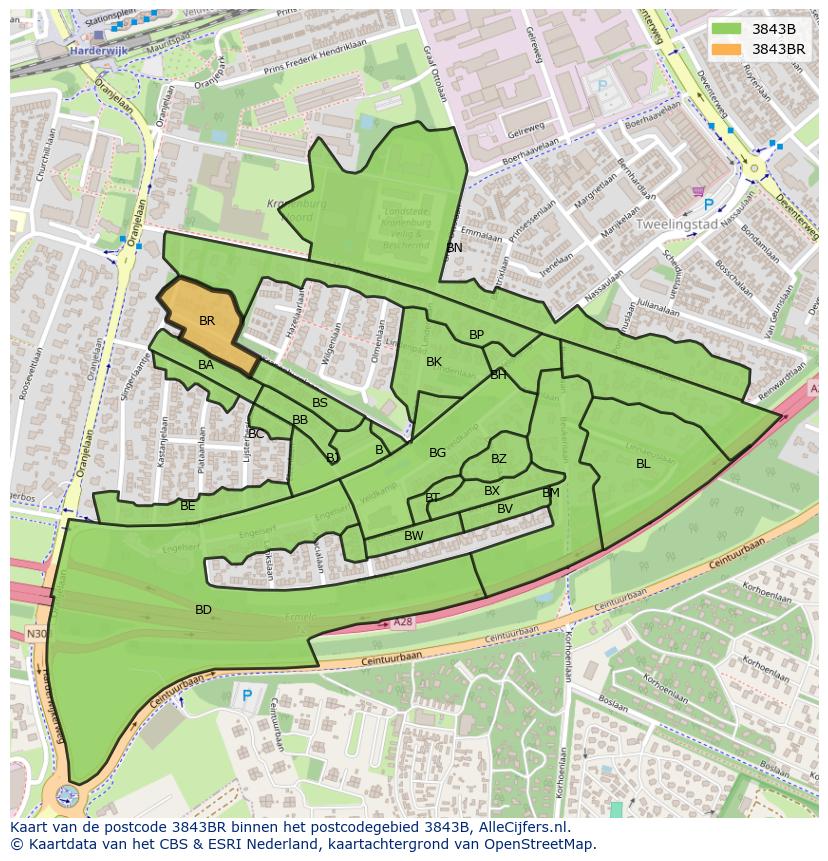Afbeelding van het postcodegebied 3843 BR op de kaart.